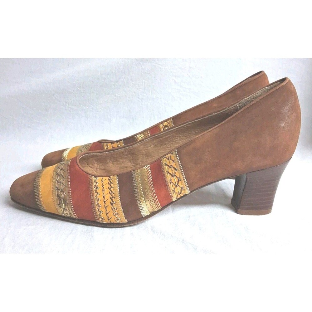 Roberto Vianni Size 9 Brown Suede Heel Comfort Shoes Stripe Embroidery Italy
